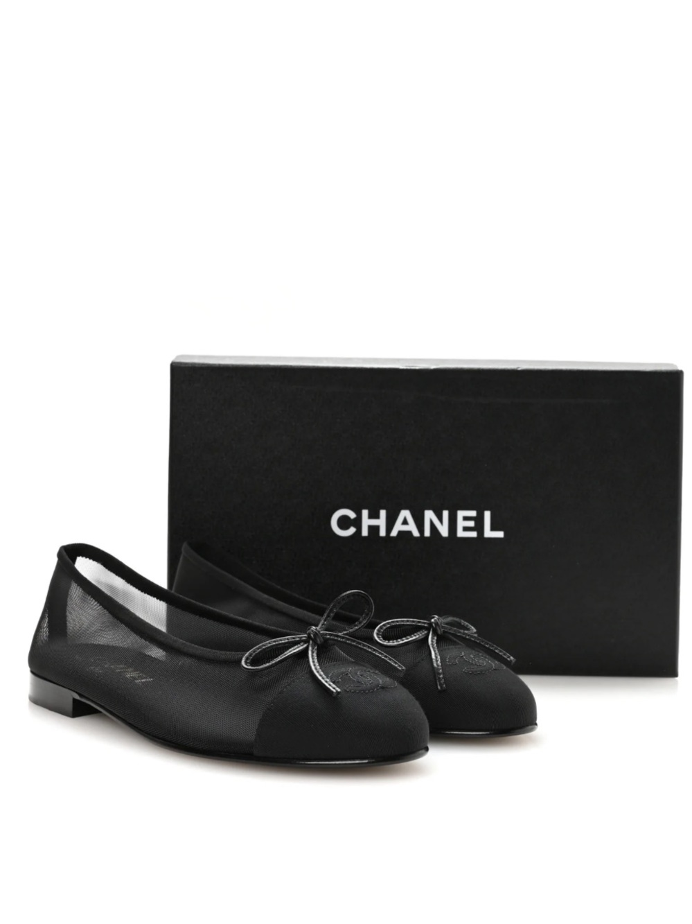CHANEL Black Mesh Ballet Flats with Bow Trim